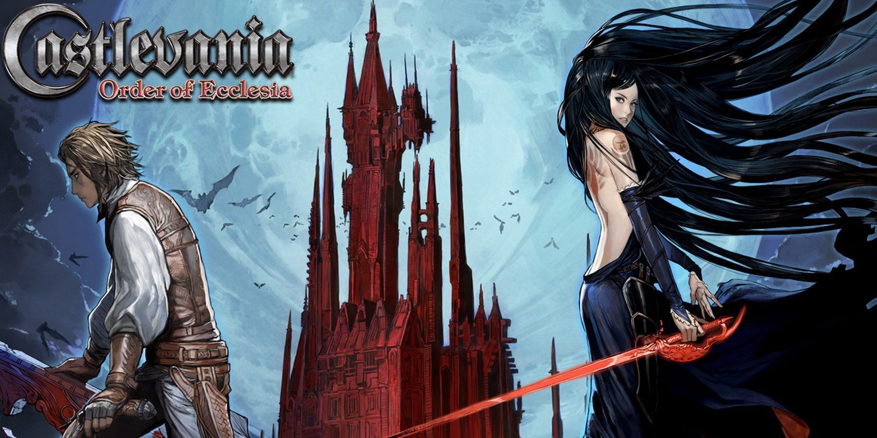 Castlevania- Order of Ecclesia Two main characters stand either side of Draculas Castle