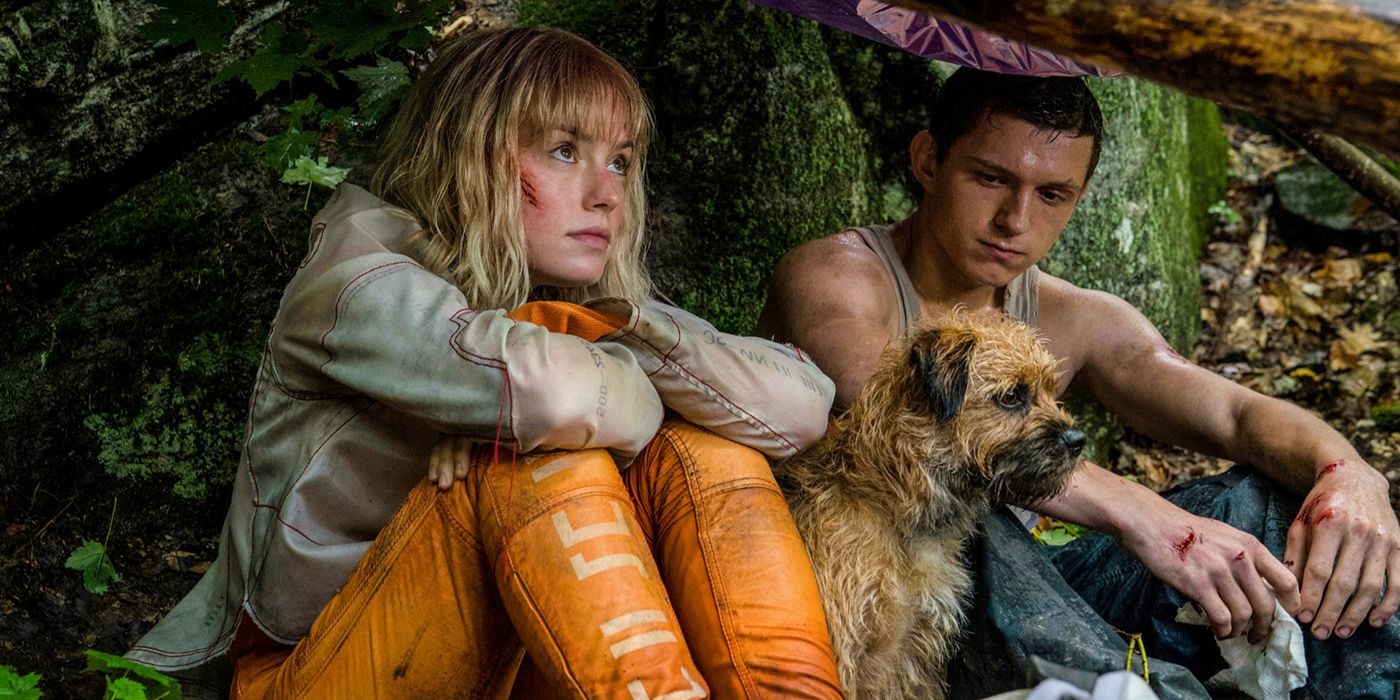 Tom Holland and Daisy Ridley sitting underneath a canopy in Chaos Walking