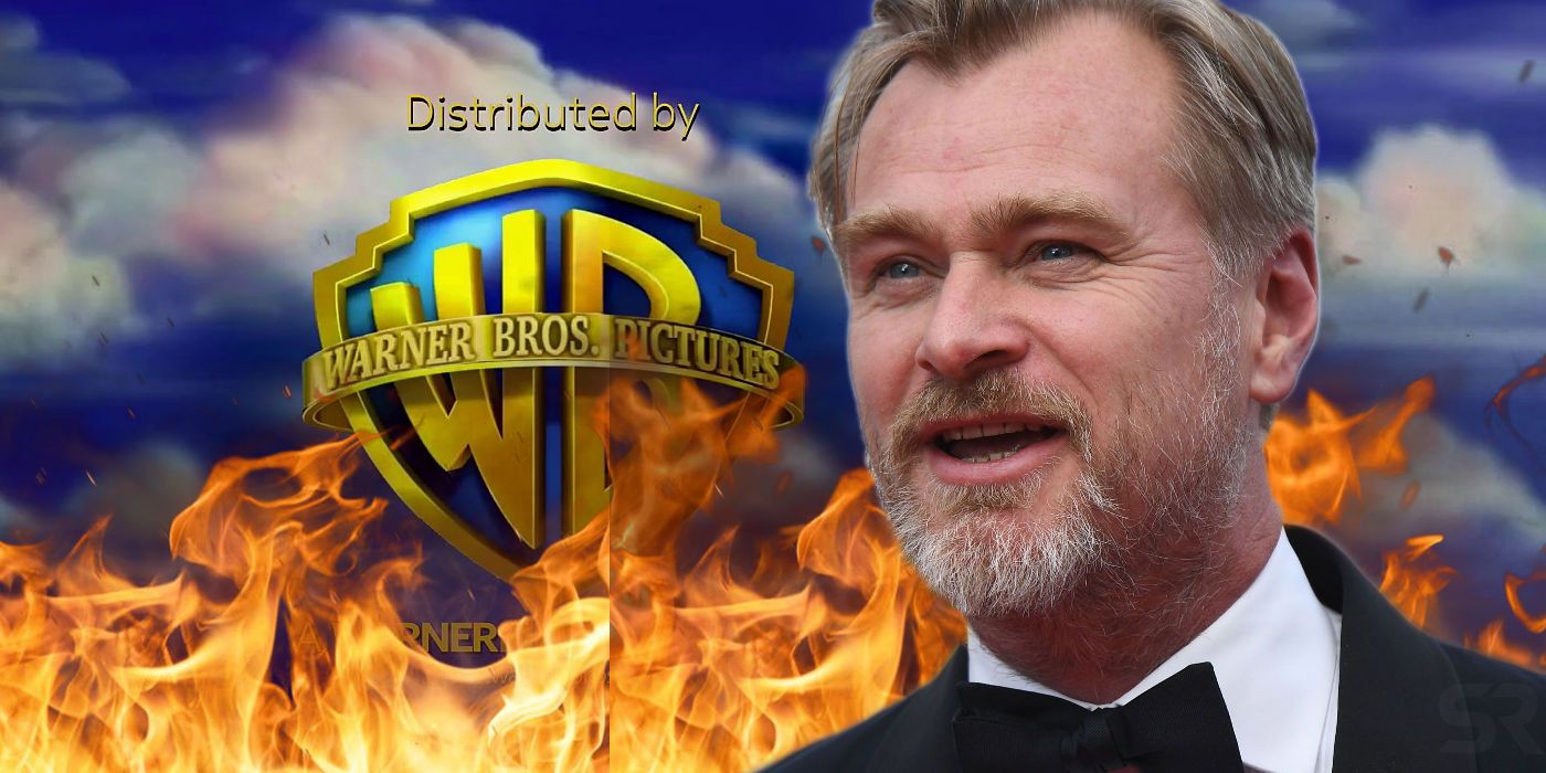 Christopher Nolan e logotipo da Warner Bros em chamas