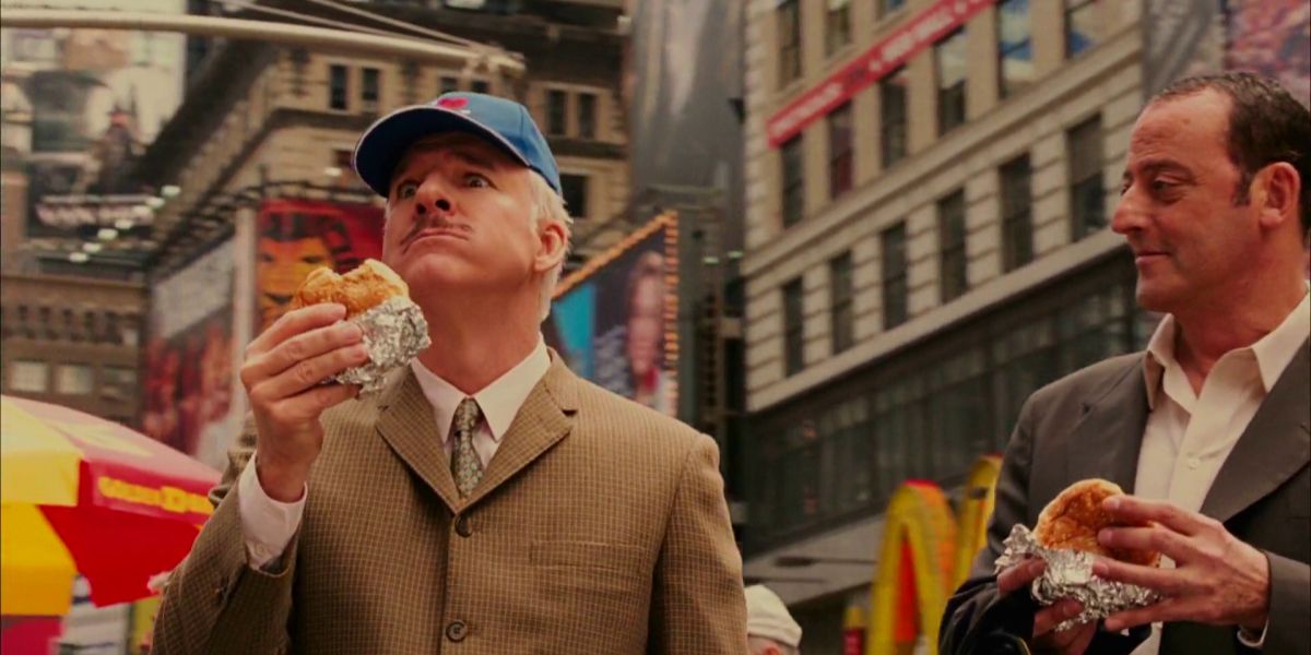 Clouseau tries hamburger in New York in Pink Panther 