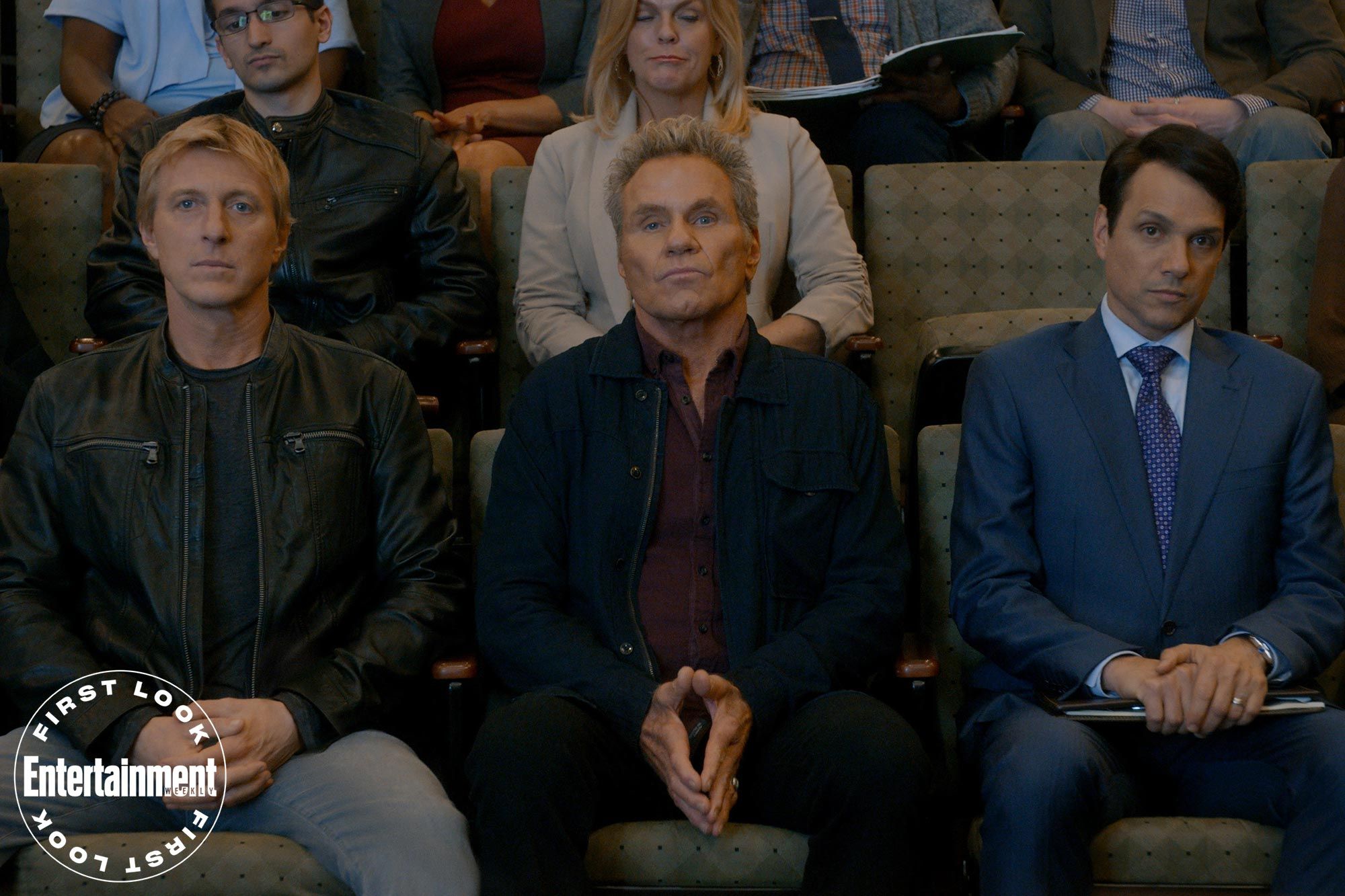 COBRA KAI (L to R) WILLIAM ZABKA as JOHNNY LAWRENCE, MARTIN KOVE as JOHN KREESE, and RALPH MACCHIO as DANIEL LARUSSO in episode 308 of COBRA KAI Cr. COURTESY OF NETFLIX © 2020