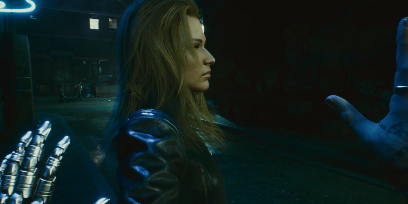 Alt Cunningham do Cyberpunk 2077 desvia o olhar enquanto as mãos de Johnn se estendem em sua direção.