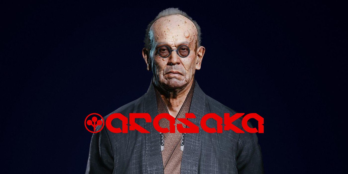 Cyberpunk 2077's Saburo Arasaka behind his company's logo.