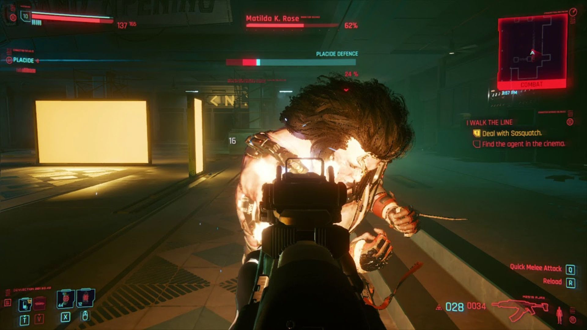 First-person perspective of holding a rifle and shooting Sasquatch in Cyberpunk 2077
