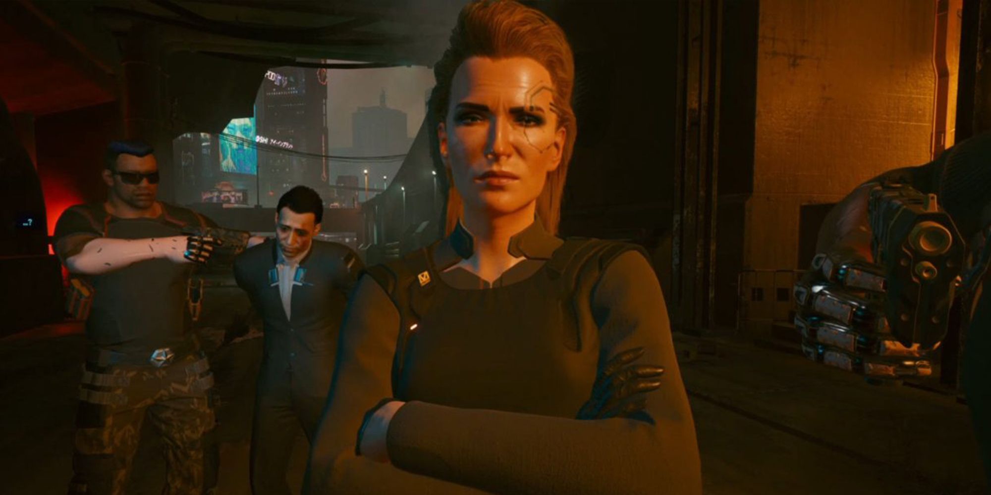Cyberpunk 2077's Meredith crossing her arms and looking at the player with an annoyed expression.