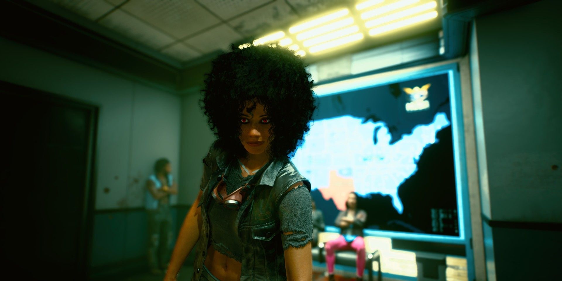 V in Cyberpunk 2077 standing in front of a map showing Night City's location in the United States.