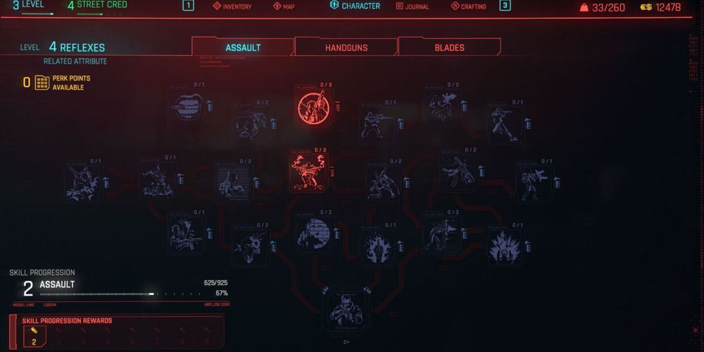 The Assault Skill Tree in Cyberpunk 2077's Menu