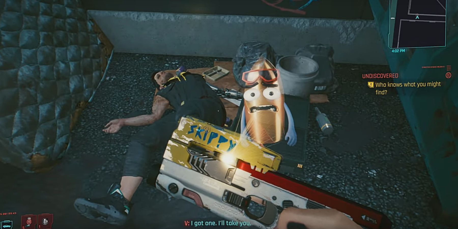 V holding Skippy that is projecting his sad bullet mascot. There is also a man's corpse lying on the ground. V's dialogue text contains, "I got one. I'll take you."