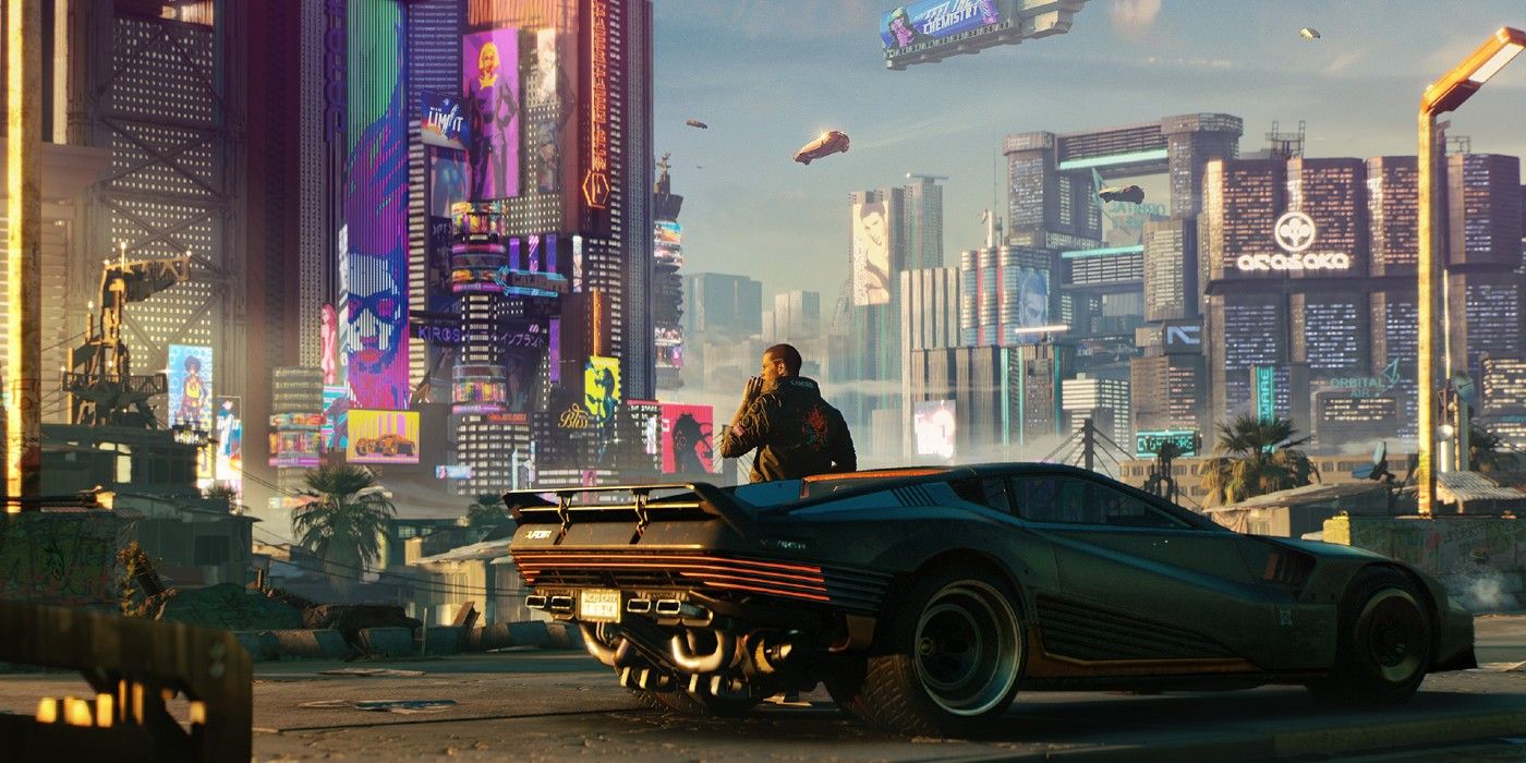 A man standing behind his car looking out at Night City in the video game, Cyberpunk 2077