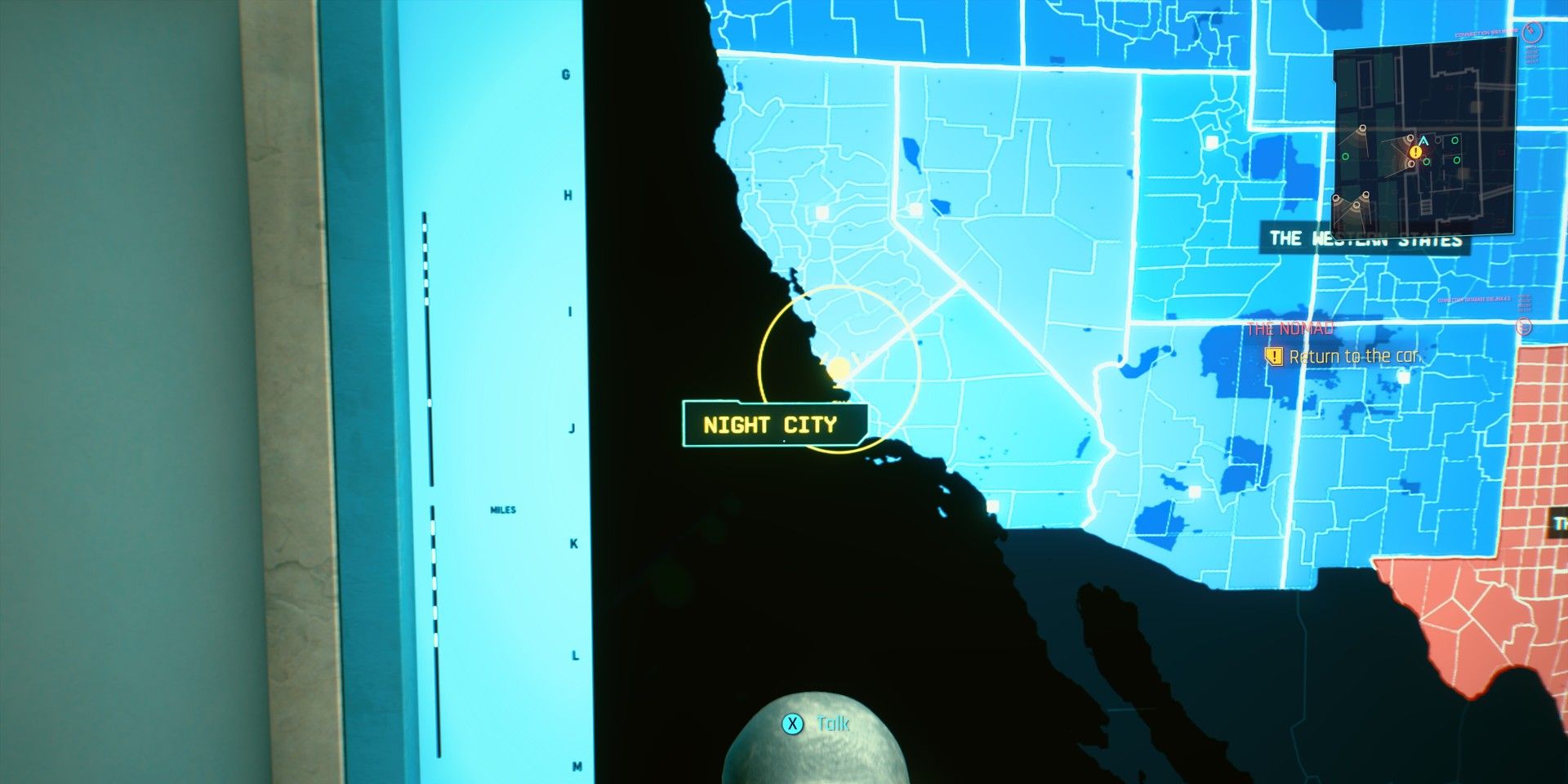 The location of Night City on an in-game map in Cyberpunk 2077