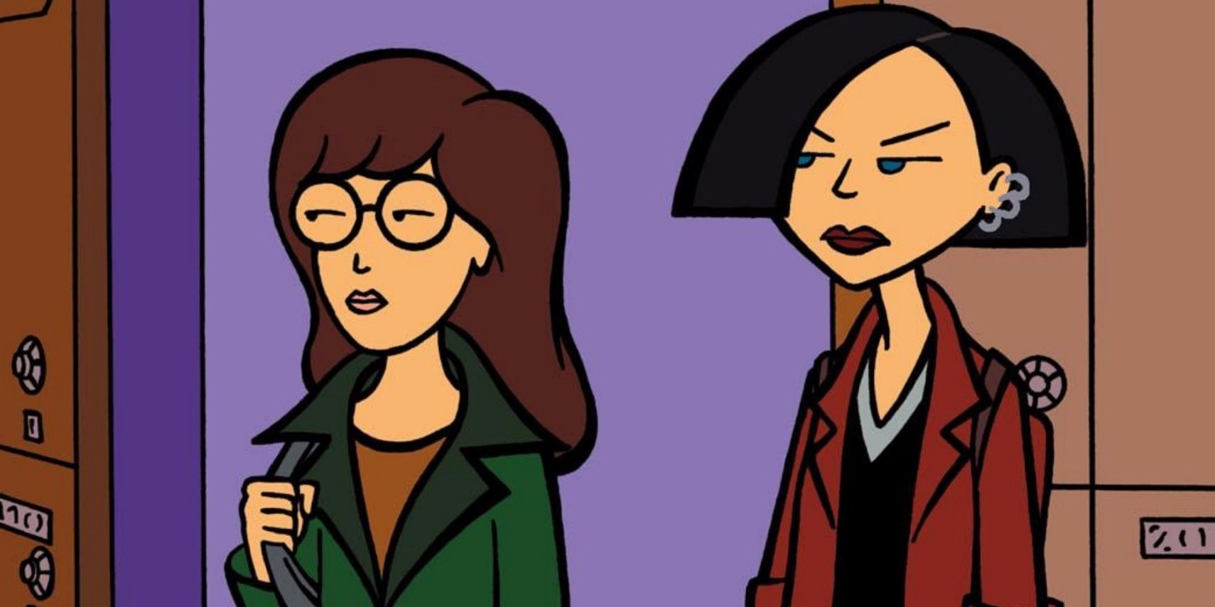 Daria and her friend standing by a door in a scene from the '90s cartoon.