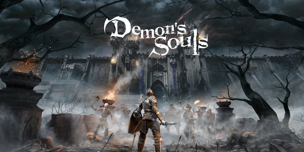 Demon's Souls promo art with the protagonist overlooking Boletaria and the undead
