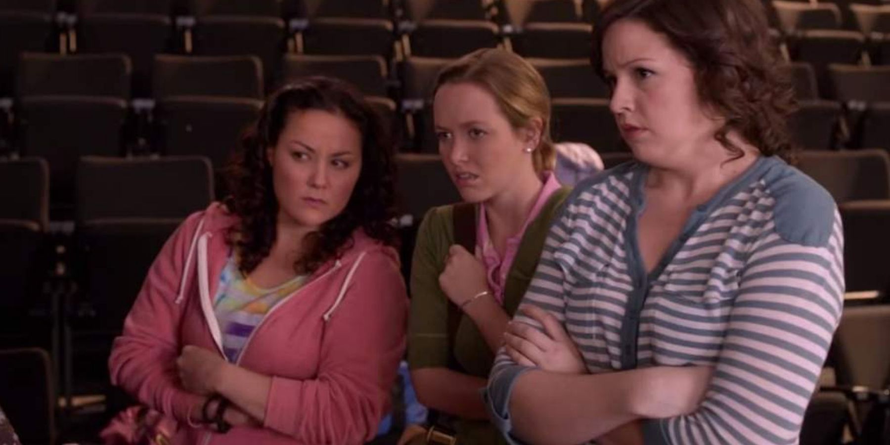 Denise, Jessica, and Ashley in Pitch Perfect in the practice room