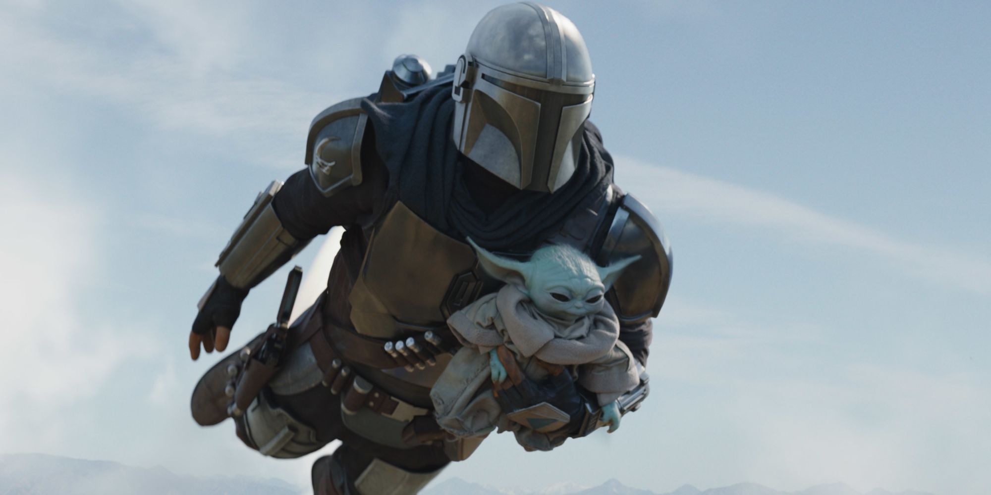 Din Djarin and Grogu flying in The Mandalorian season 2