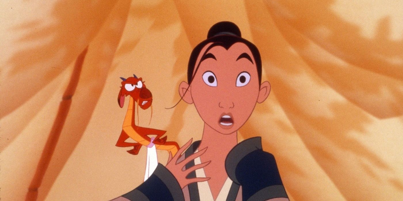 Mulan looking surprised with Mushu on her shoulder in Mulan