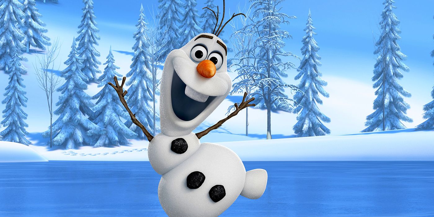 Olaf happily ice skating with a smile on his face in Frozen