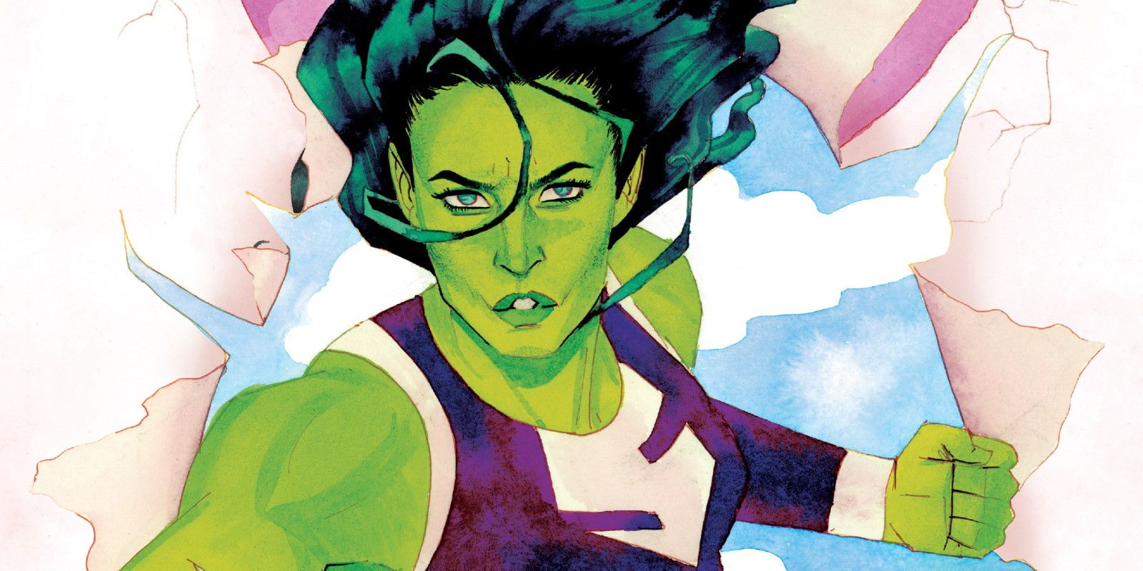 An image of She-Hulk bursting through the page in her modern costume in the comics.