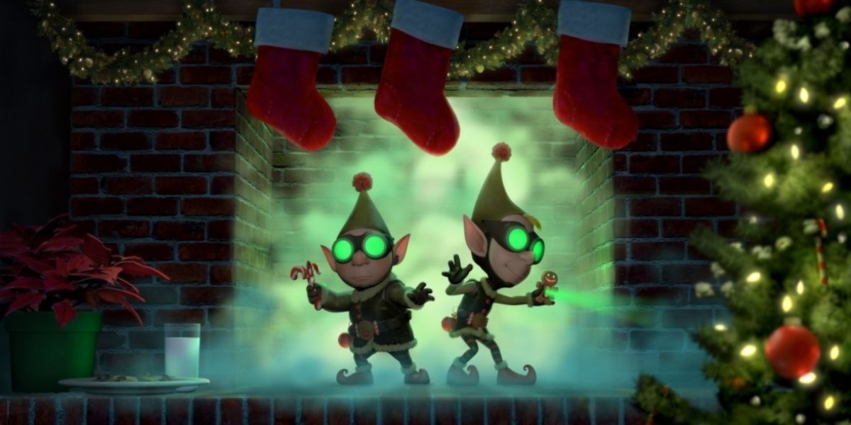 Two elves standing just outside a fireplace in Disney's: Prep & Landing