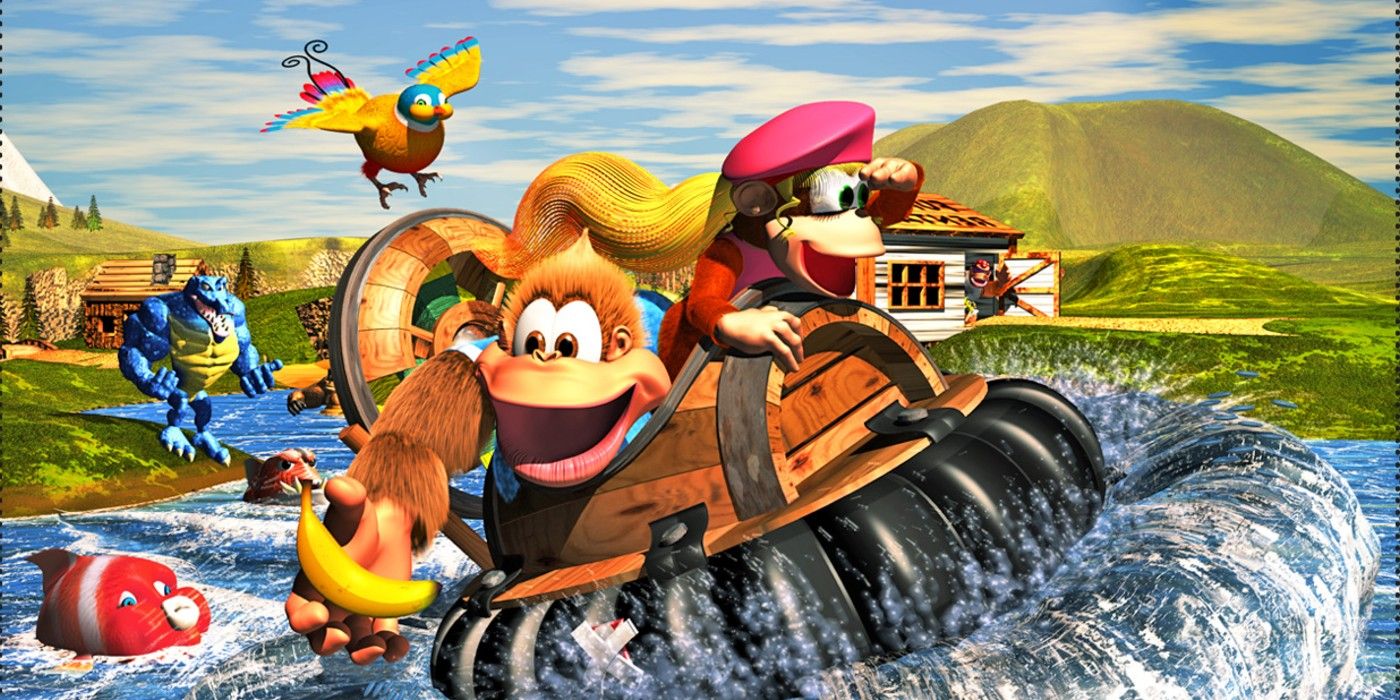 Personagens de Donkey Kong Country 3 viajando rio abaixo