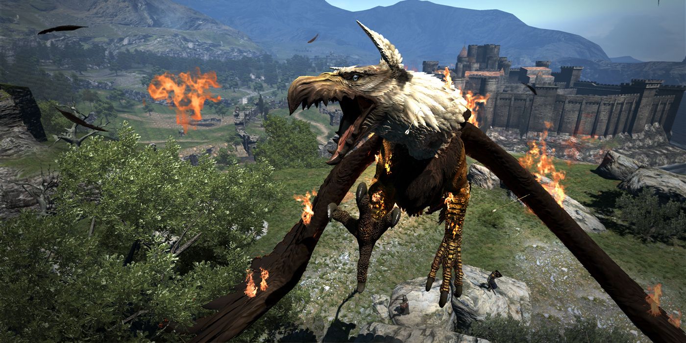 Massive flying bird like dragon with fire all around it in Dragon's Dogma game.