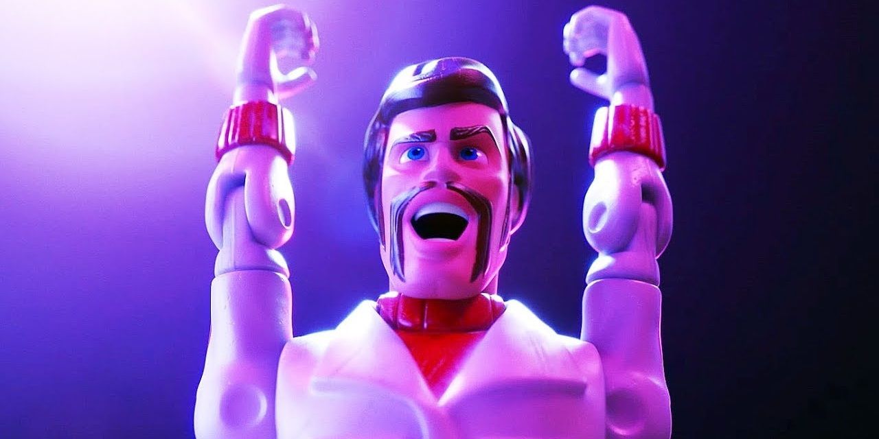 Duke Caboom raises his arms in excitement in Toy Story 4