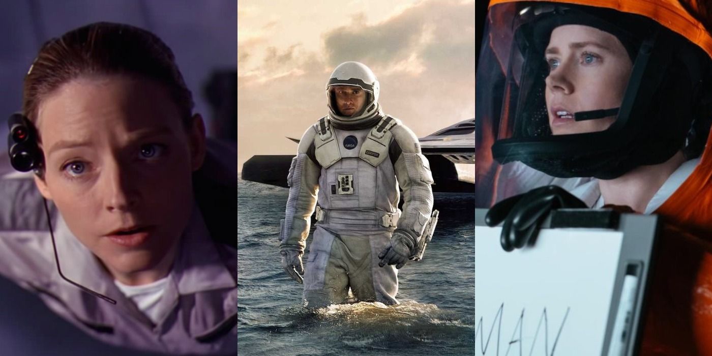 Split image of Eleanor in Contact, Cooper in Interstellar, and Louise in Arrival.