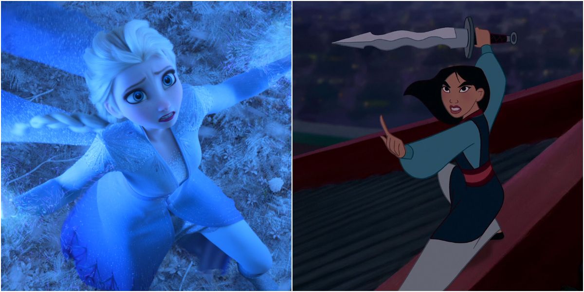 Elsa uses her powers in the forest and Mulan fights the Khan