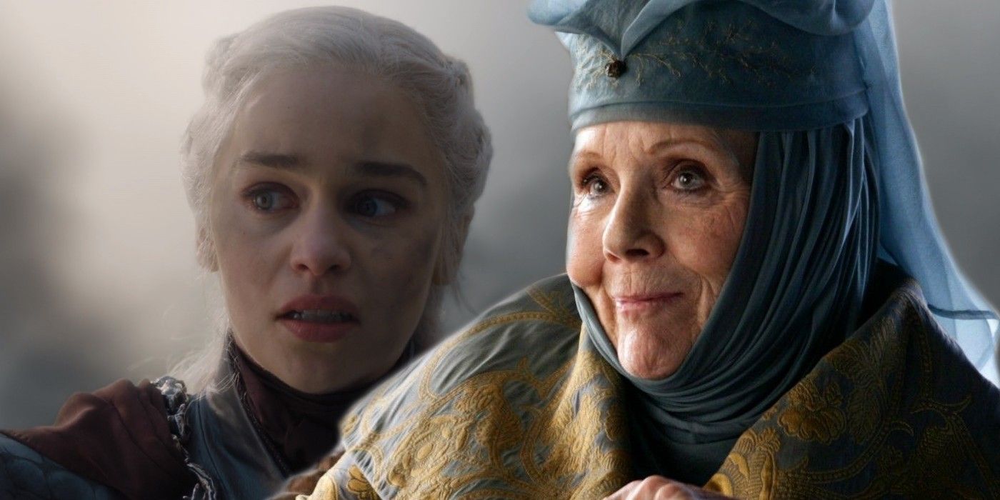 Emilia Clarke as Daenerys Targaryen and Diana Rigg as Olenna Tyrell in Game of Thrones