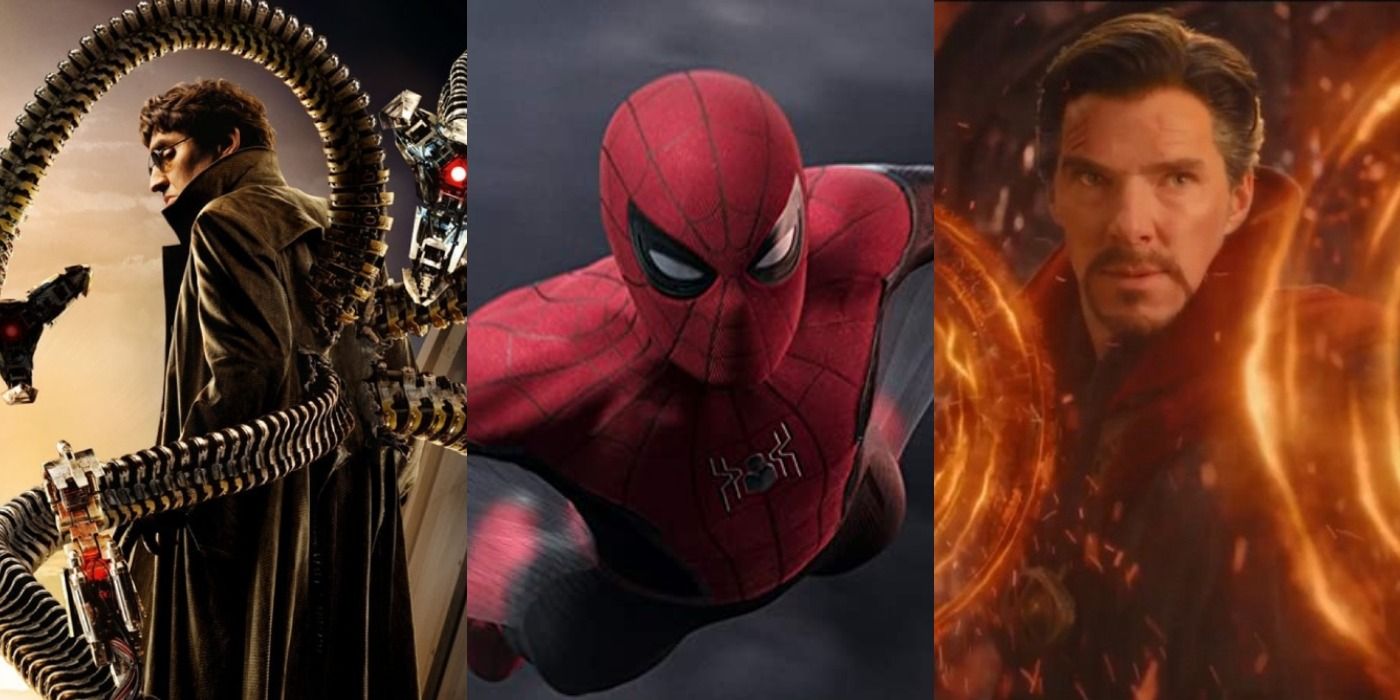 Split images of Doctor Octopus from Spider-Man 2, Spider-Man in Far From Home, and Doctor Strange in Infinity War