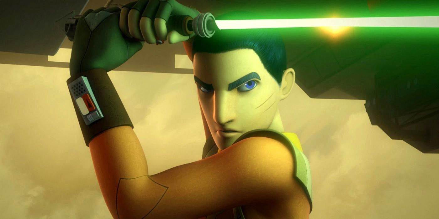 Ezra Bridger holds his saber from Star Wars Rebels