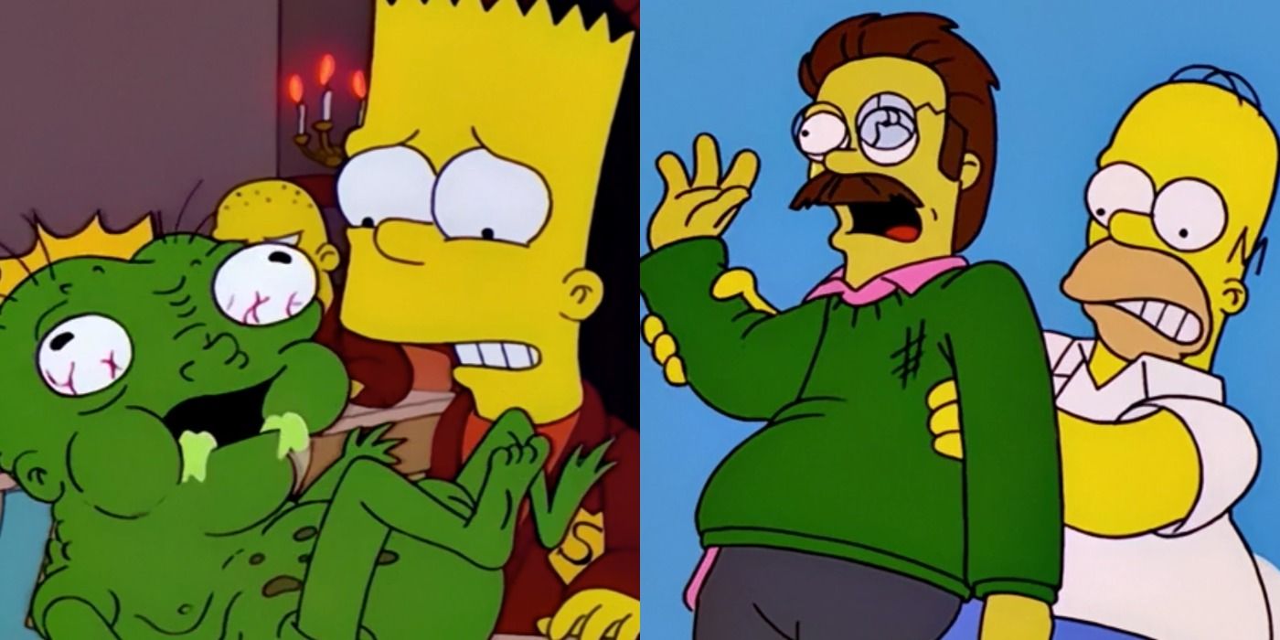 Split image of scenes from The Simpsons Treehouse of Horror episodes
