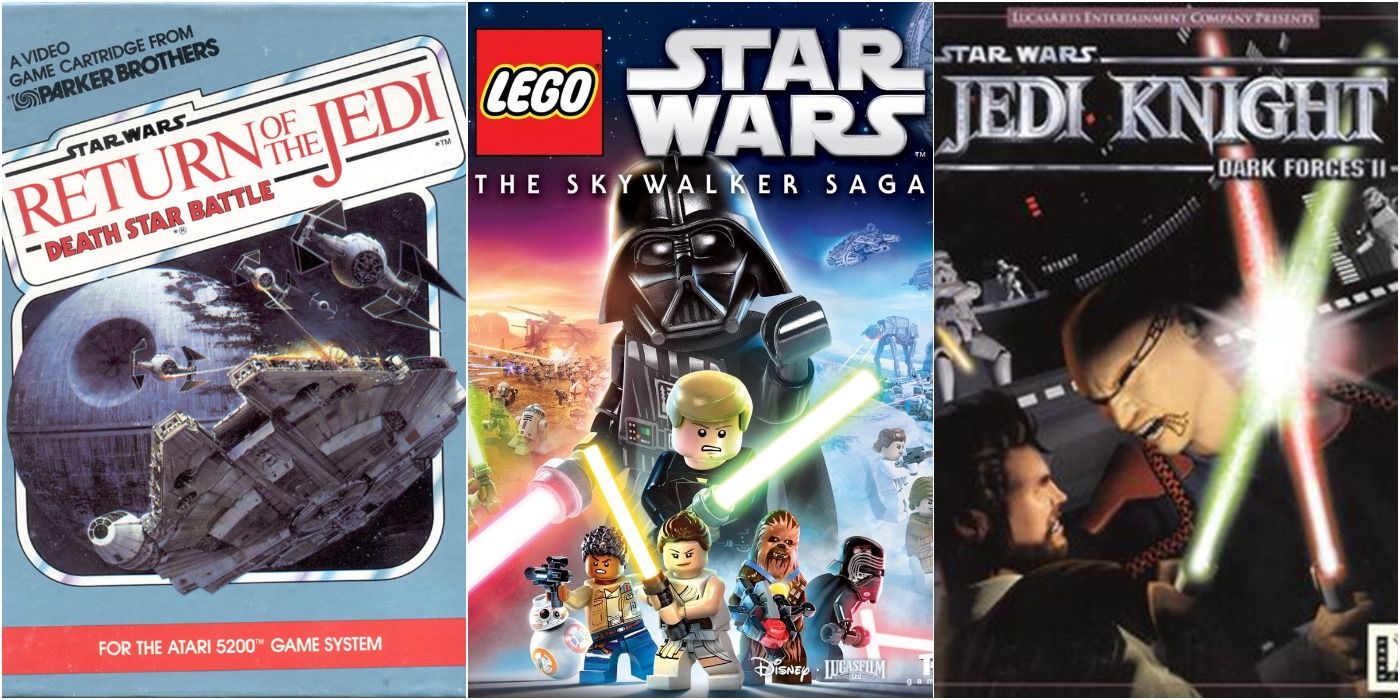Split Image Of Three Star Wars Game Covers Death Star Battle, Lego Star Wars Skywalker Collection, and Dark Forces 2