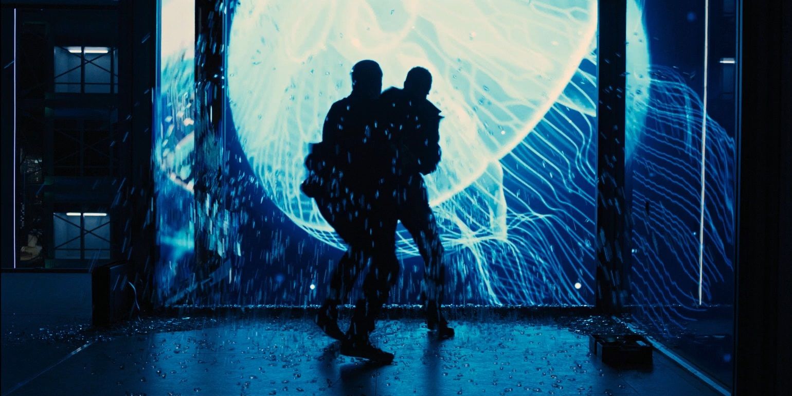 James Bond in a silhouetted fight scene in Skyfall