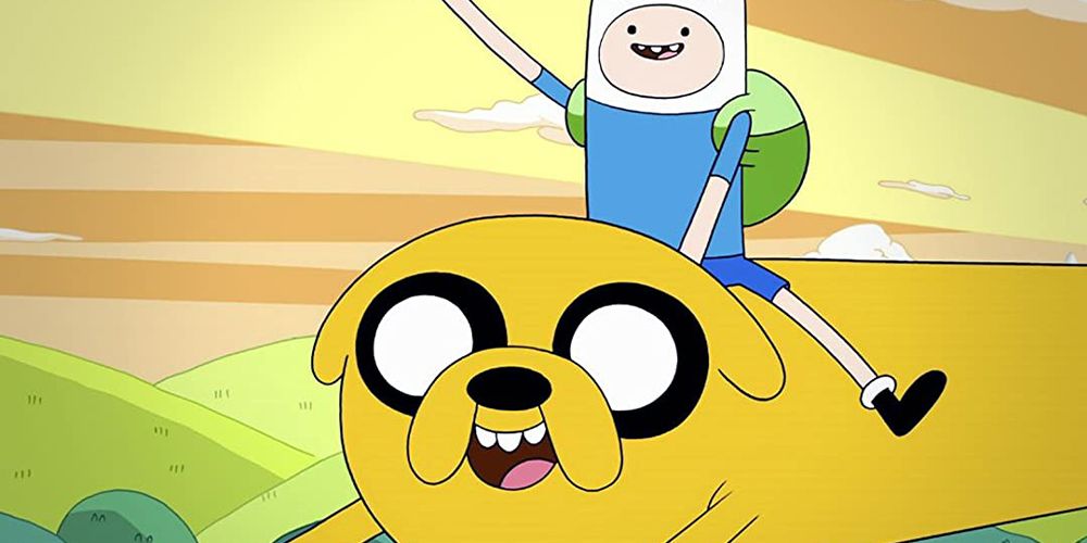 Finn rides Jake in Adventure Time