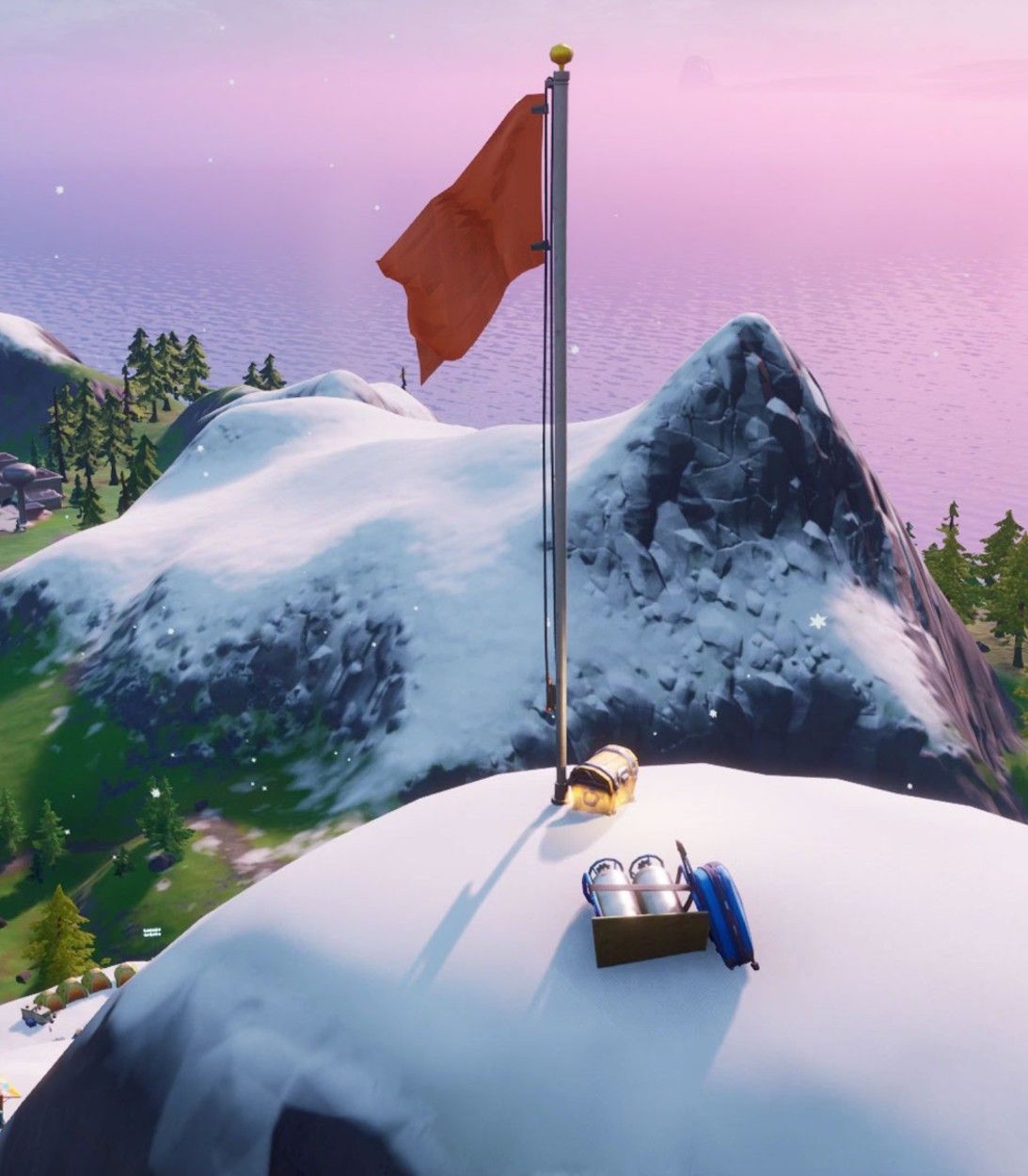 Mount Kay, the tallest point in Fortnite, with a flag