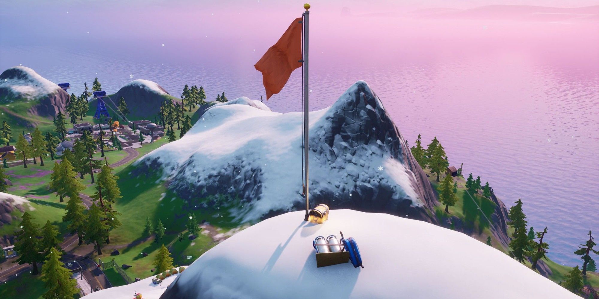 Mount Kay, the tallest point in Fortnite, with a flag