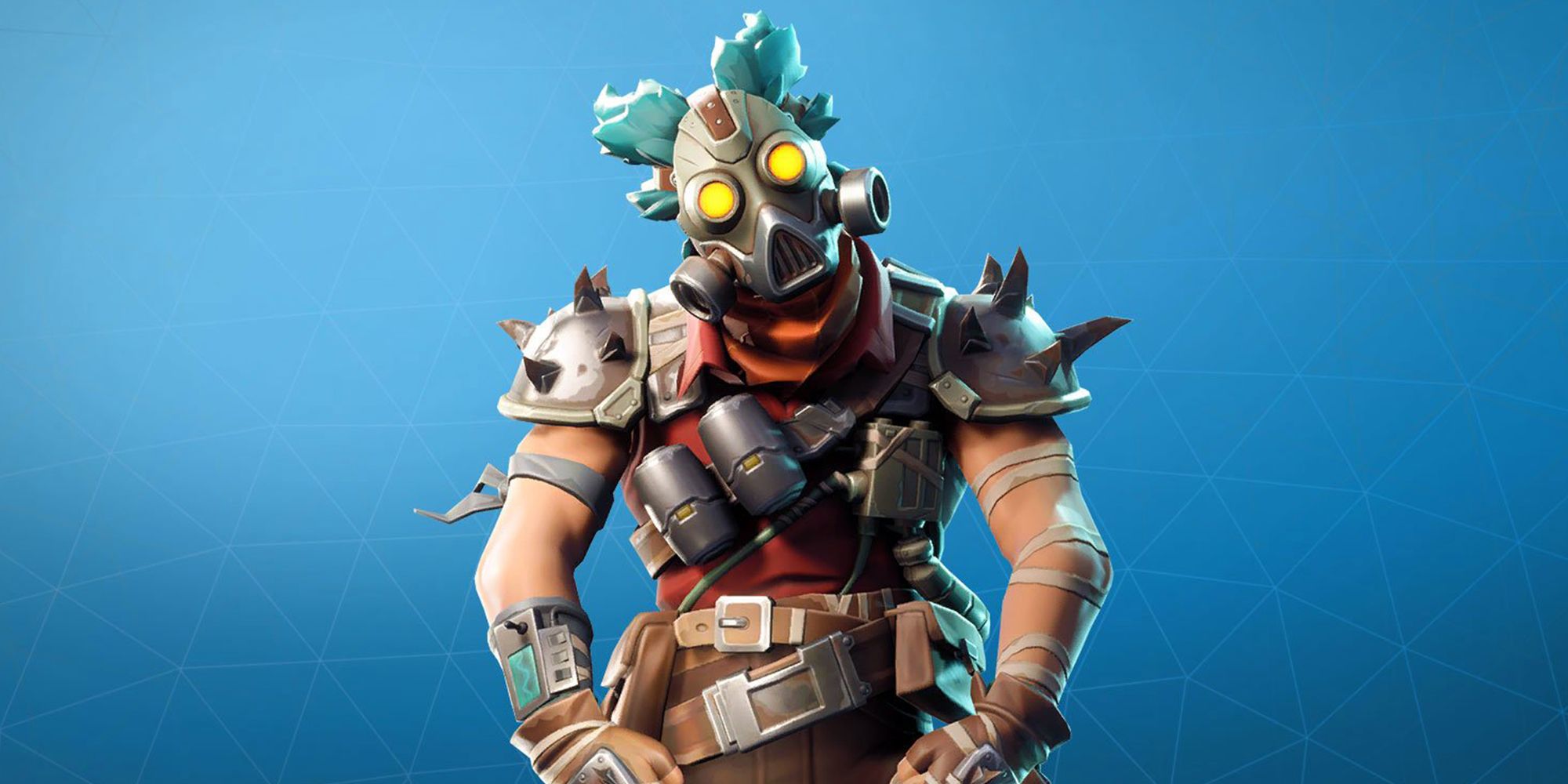 Ruckus standing against a blue background in Fortnite