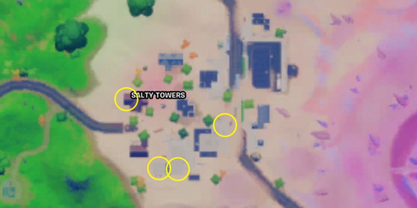 Map locations of all 4 Gold Bar safe spawn locations at Salty Towers in Fortnite Season 5