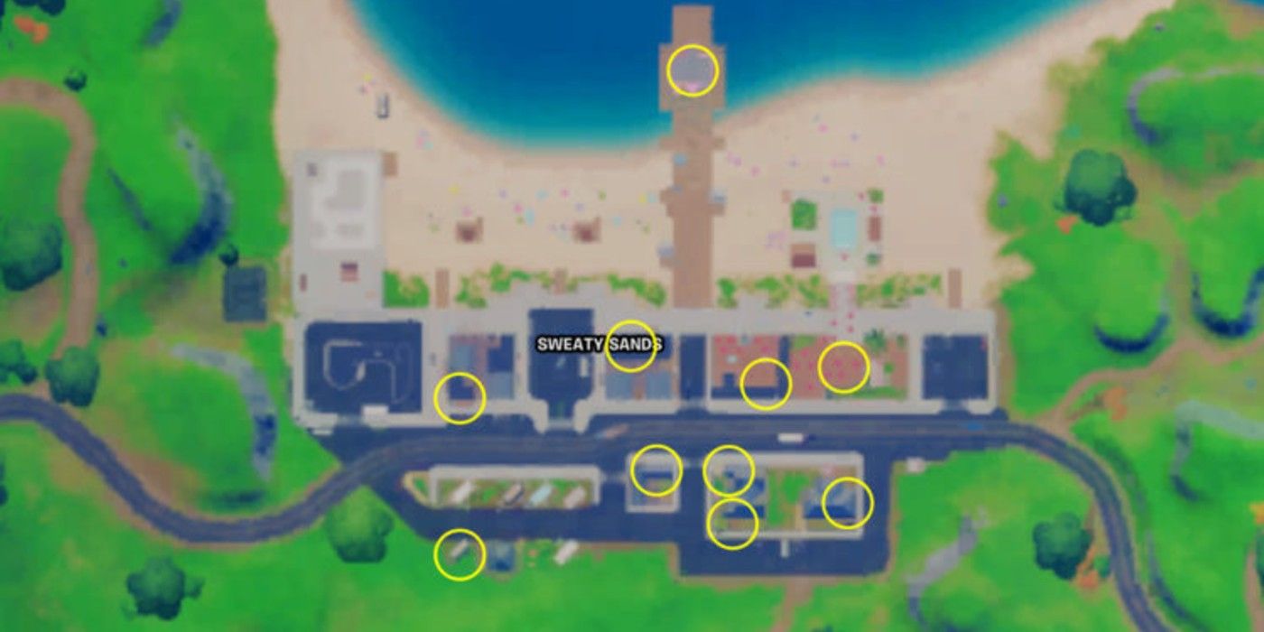 Map of all 10 Gold Bar safe locations at Sweaty Sands in Fortnite Season 5