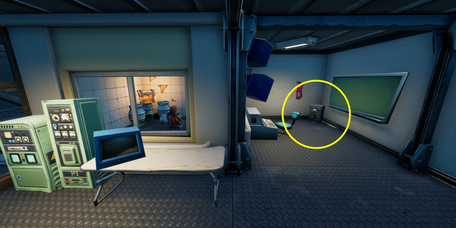 One of the possible Slurpy Swamp Gold Bar safes on the second floor of the Slurp Juice Factory in product testing in Fortnite Season 5