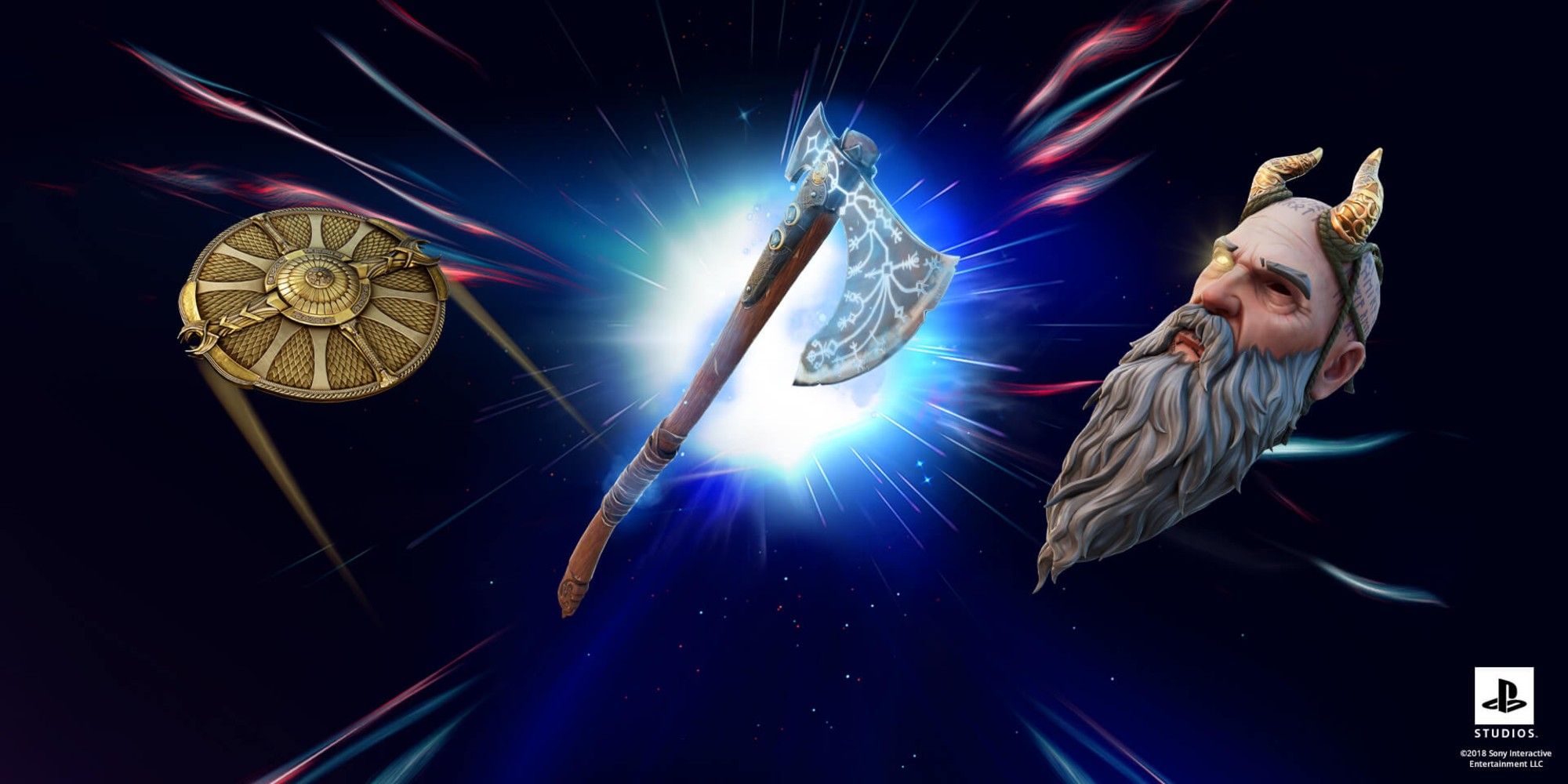 Fortnite Season 5 Kratos skin cosmetic accessories include a Shield Glider, Mimir Back Bling, and Leviathan Axe harvesting tool