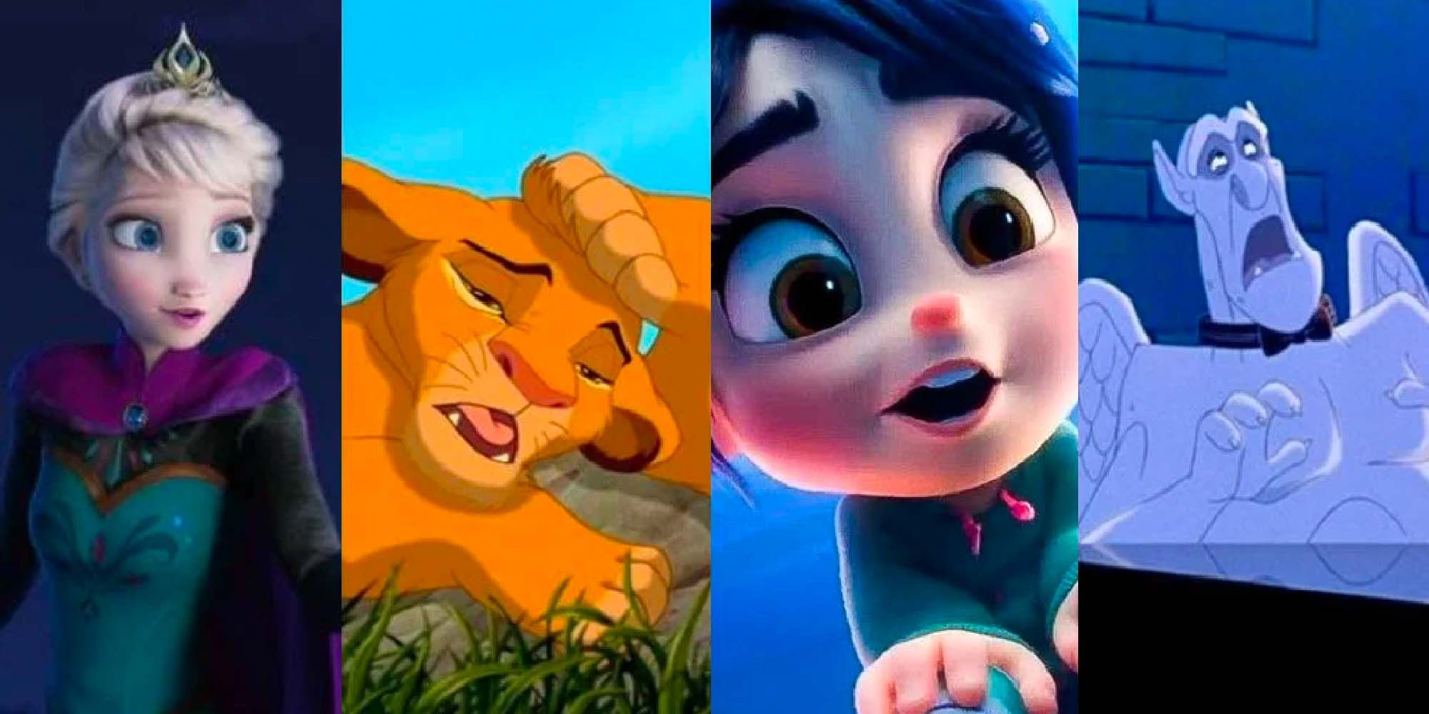 Split image of Elsa, Simba, Vanellope and a gargoyle from Disney movies