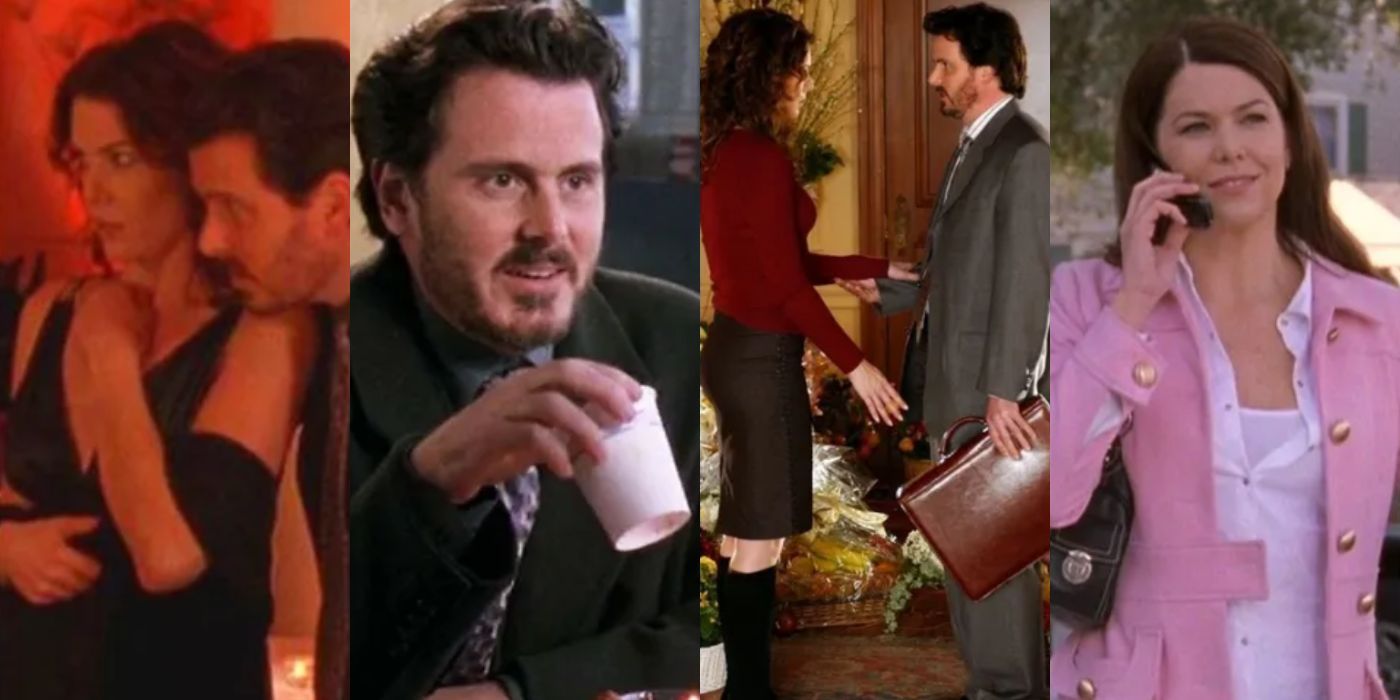 Four split images of Lorelai and Jason from Gilmore Girls