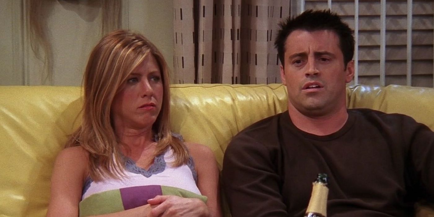 Rachel and Joey looking upset on Friends