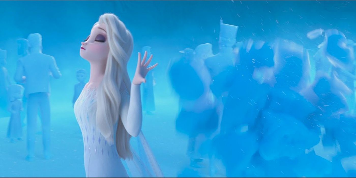 Elsa singing in front of a blue background on Frozen