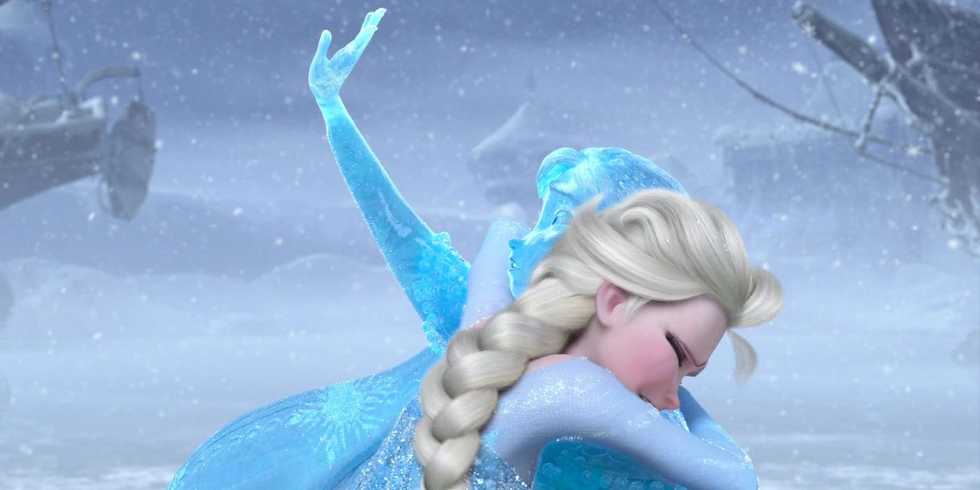 Elsa hugs the frozen Anna in Frozen.