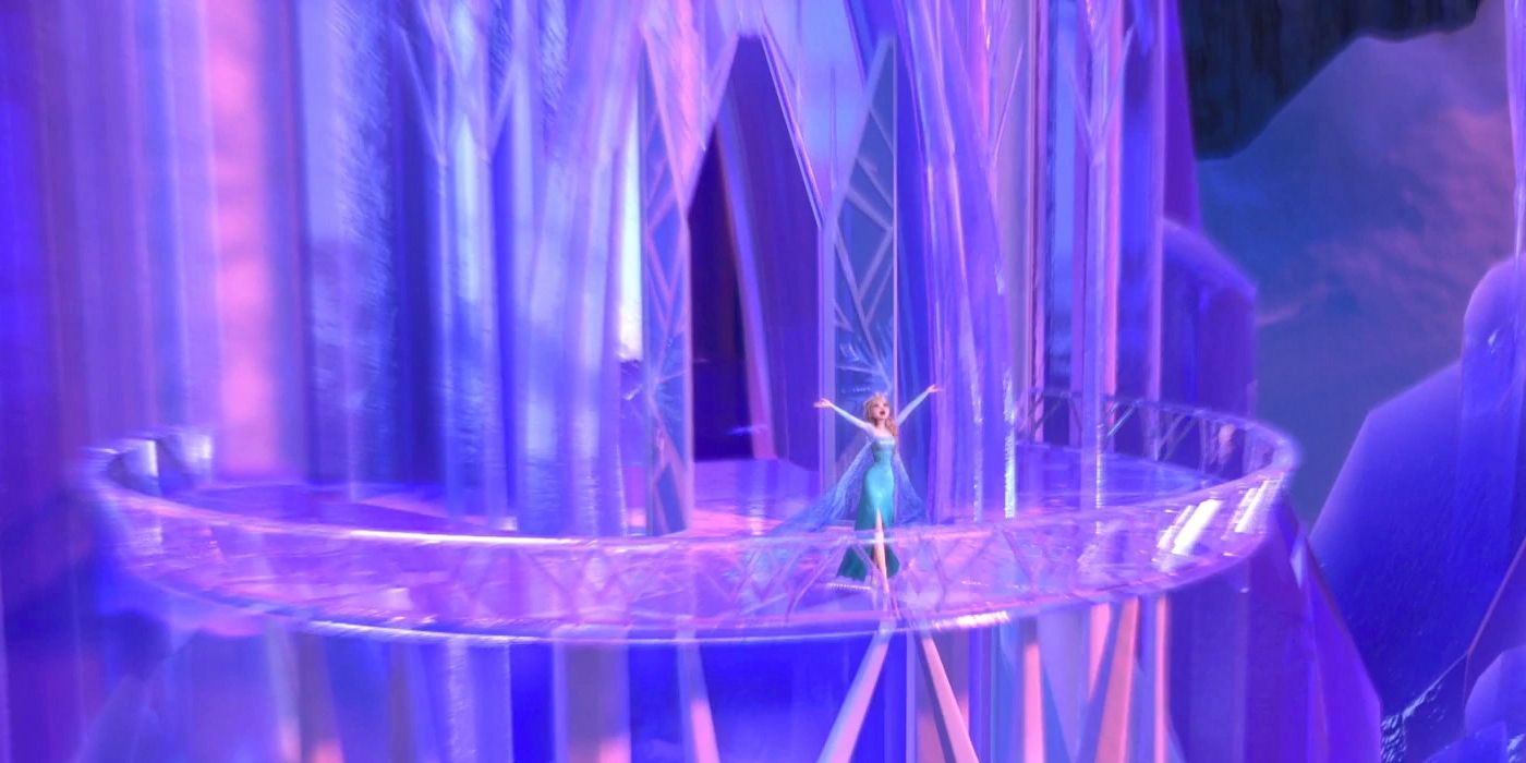 Elsa stands and sings on her newly built ice castle's balcony in Frozen