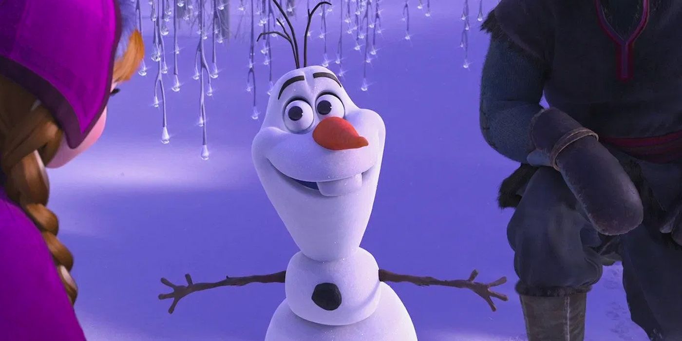 Olaf smiling at Anna and Kristoff