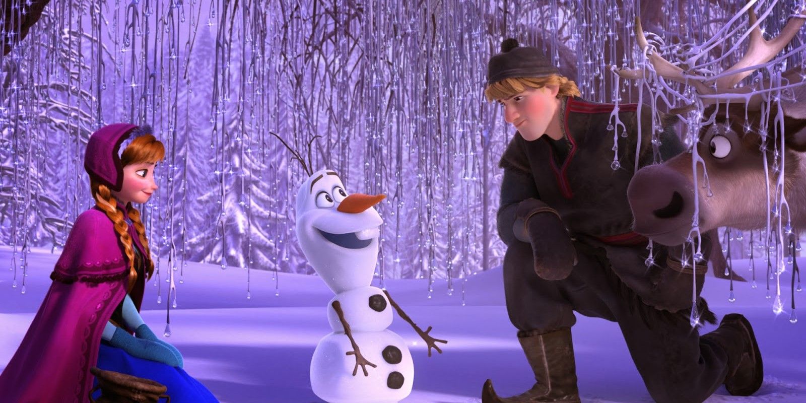Anna and Kristoff glance down at Olaf in Frozen