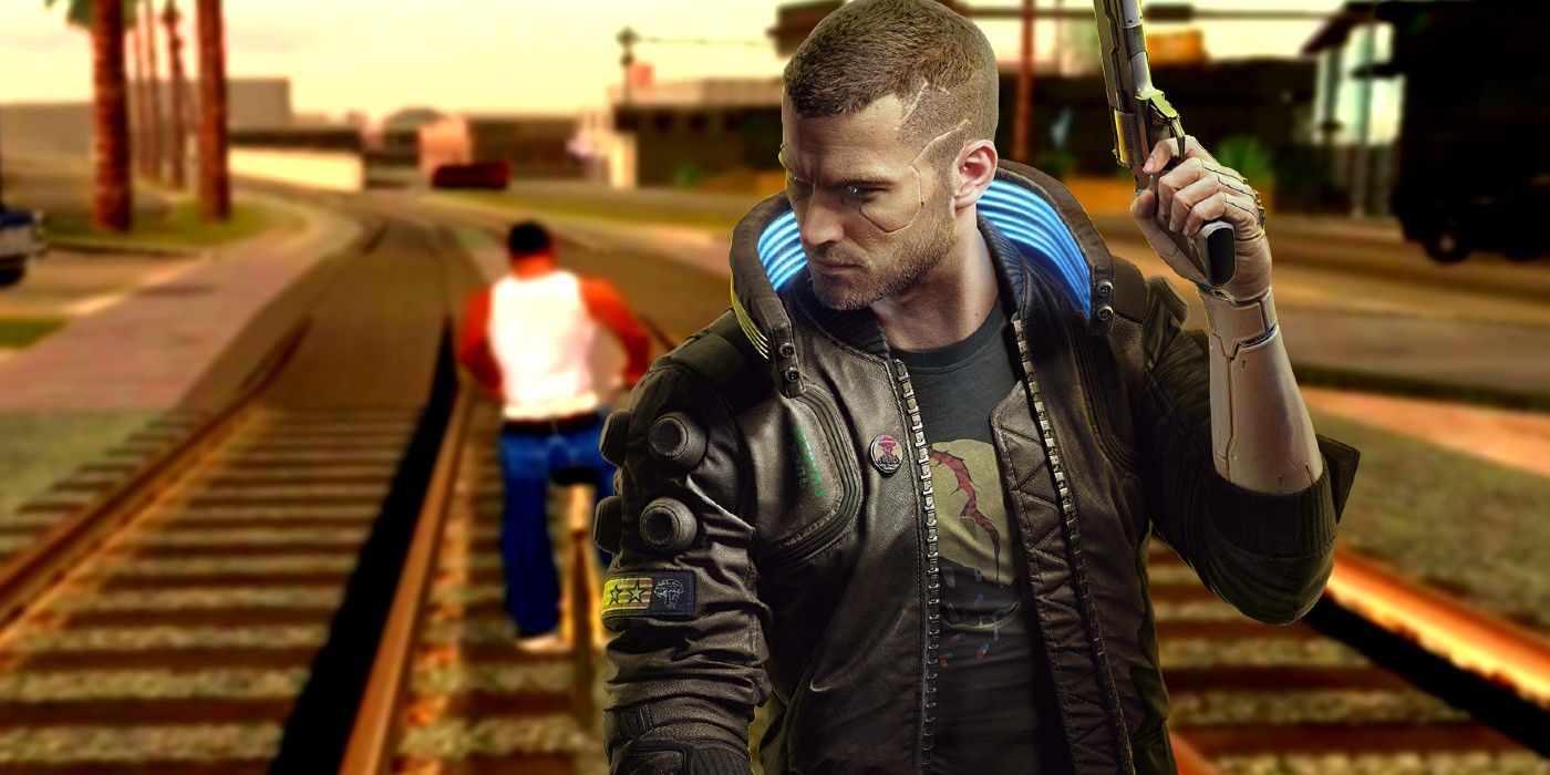 A aparência padrão do Cyberpunk 2077 para o V masculino na frente de uma captura de tela borrada do GTA: San Andreas, mostrando CJ andando de bicicleta ao longo dos trilhos do trem.